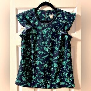 J. Crew Navy Blouse with Green Floral Print